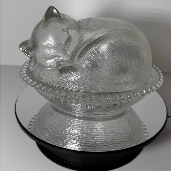 Indiana Glass Other - Vintage Indiana Glass Sleeping Cat On Nest Basket Covered Candy Dish Chipless